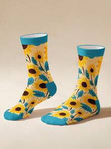 1 Pair Sunflower Pattern Socks - Vibrant Sunflower With Green Leaves Design, Bringing Warmth And Spring Vibe. 360 Digital Printing Mid-Calf Socks With Random Floral Print, Fashionable And Suitable For Daily Wear, Exclusive Design For Clothing, Underwear & Socks, All Seasons