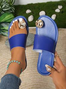 Women's Blue Flat Sandals With Metal Shell Toe, Solid Color Non-Slip Flat Sandals, PU Leather Arch Support Casual Beach Holiday Party Sandals - Blue - View 7