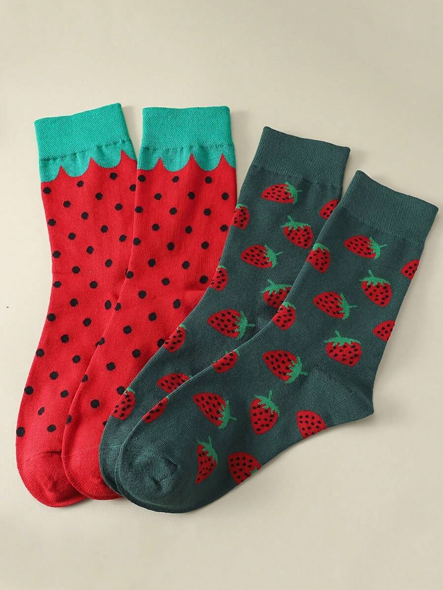 2 Pairs Random Strawberry Printed Creative & Fun Socks For Women, Comfortable & Versatile For Daily Wear - Multicolor - View 1