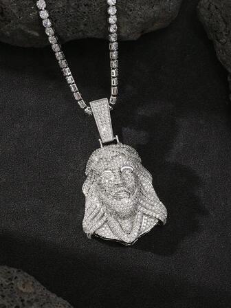 1 pieza Collar con colgante de cabeza de Jesús chapado en oro blanco estilo hip hop para hombres - Cadena de tenis de 20" y 4mm con circonita cúbica de alta calidad, joyería religiosa para raperos