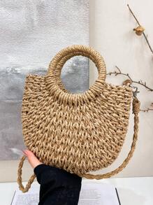 Sac en paille tressé de style simple Ins, en demi-cercle. Sac fourre-tout de plage fait main pour femmes, idéal pour les vacances