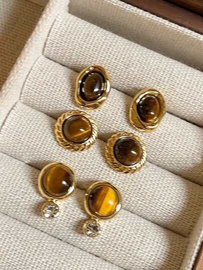 3 对复古优雅柔软琥珀树脂镶嵌耳环套装，适合日常佩戴、派对、庆典