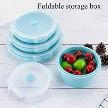 1 Piece / 3 Pieces Set / 4 Pieces Set Round Foldable Silicone Lunch Box / Storage Box With PP Cover, Blue Portable Round Bento Box, Round Kitchen Storage Box / Storage Box, Portable Food Storage Container, Refrigerator Storage Container, Dishwasher Washable, Microwave-Safe, Stackable Design For Easy Storage And Carrying, Suitable For Salads, Camping, Travel, Family, School, Etc.