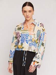 Camisa de lino con estampado floral, puños con cordón y abotonadura - Blanco - Ver 4
