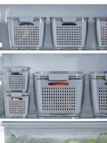 Juego de 3 recipientes para alimentos refrigerador envases herméticos apilables plástico resistente conservación almacenamiento transparente cocina hogar libre BPA fácil limpiar - Gris - Ver 5