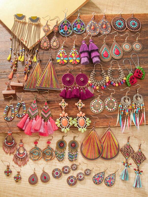TopHanqi Bohemian Ohrringe Set für Frauen, urlaubsstil mehrfarbige Quaste personalisiertes Design Ohrgehänge, handgeflochtene kreative Ohrringe, übertrieben lange Ketten öltropfen Metall Ohrringe, geeignet für Alltag, Pendeln, Party, Musikfestival, Treffen, Geschenke, vielseitig