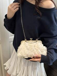 2025 新款链条花朵晚装手拿包，女士时尚明星手提包，纯色托特包/单肩包/斜挎包，链条手柄 [花卉图案位置各异]