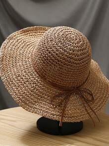 1 件女士手工编织纯色夏季太阳帽，防紫外线镂空草帽，日常旅行沙滩渔夫帽