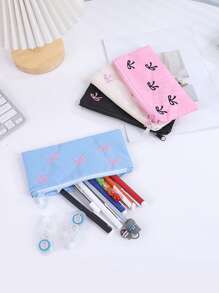 1pc Beautiful Pencil Bag, Creative Bow Embroidery Pattern , Simple And Stylish Pencil Case Desktop Finishing Essentials, Back-To-School Must-Have Stationery