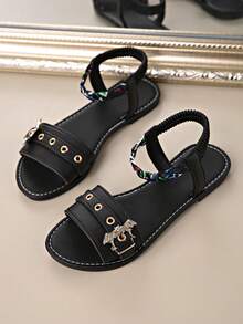 Women Solid Color Bat Decor Fashion Sandals With Buckle Waist Belt Studded, Lightweight Flat Slip-On Slippers, Non-Slip Summer Shoes - Black - View 4