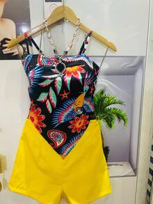One Size Shirt Set With Tie At The Back And Print, Shorts With Zipper And No Pocket - Yellow - View 1