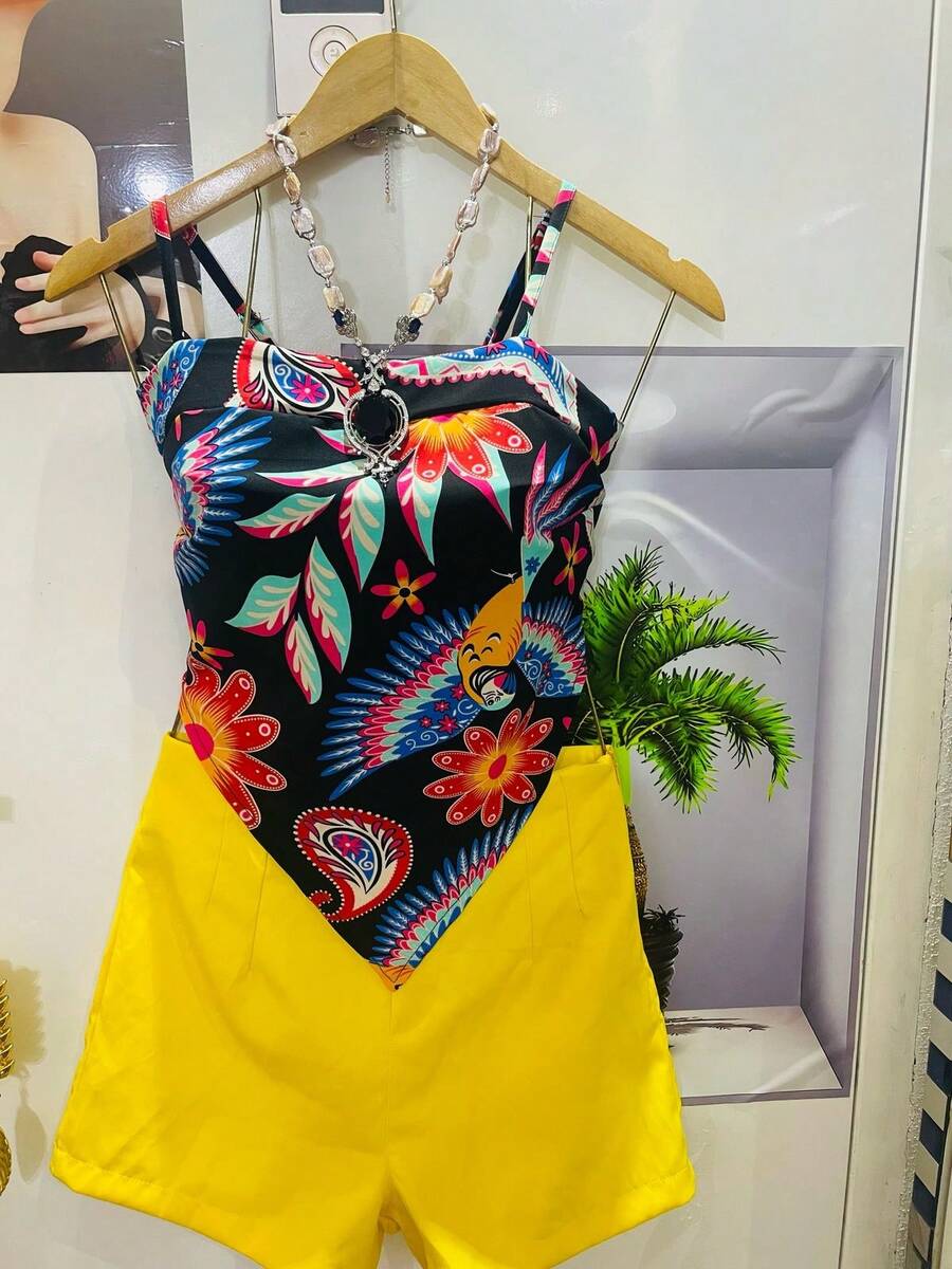 One Size Shirt Set With Tie At The Back And Print, Shorts With Zipper And No Pocket - Yellow - View 1