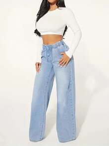 Women's High Waisted Drawstring Straight Leg Wide Leg Jeans, Slanted Pockets, Comfortable Fit, All Season Jeans - Blue - View 5