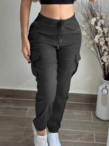 Fashion Solid Color Simple Cargo Pants With Pocket, Elastic Waist Drawstring