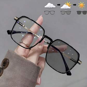 1 件男女方形加大码 PC 镜框金属脚休闲变色时尚眼镜非处方眼镜，适合驾驶、室内外佩戴、日夜使用，时尚百搭，无需化妆即可炫耀小脸