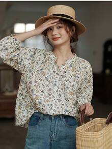 Ditsy Floral Printed Loose Layered Bluzka, Elegancki Casual Top Dla Kobiet