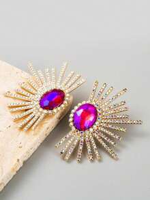 juran 1 对创意时尚水钻几何喇叭形耳钉，适合女士 - 玫紅色 - 查看 2