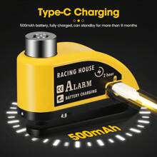 Gelbe Alarm Disc Lock Wiederaufladbare Motorrad Scheibenbremse Lock Alarm 110dB mit 1.5m Erinnerungskabel Verstärktes wasserdichtes High Security Scheibenbremsschloss für Motorrad, Fahrrad, Roller, E-Bike