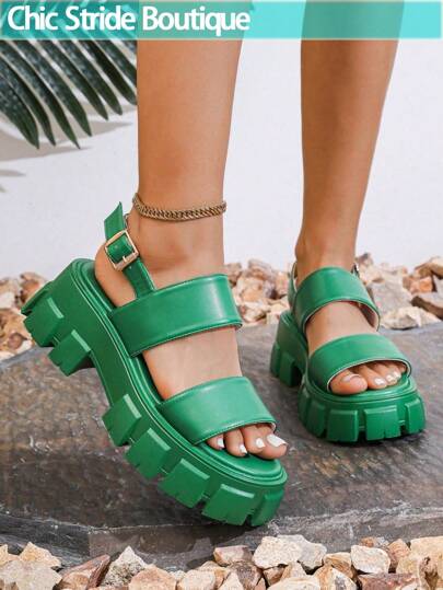 Sandálias de salto alto femininas verdes de plataforma de 6 cm, tira de couro casual estilo minimalista praia viagem sapatos de salto grosso