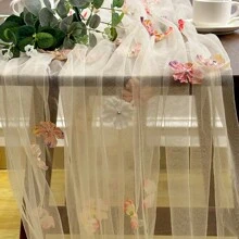 1pc Pleated Table Runner, Semi-Transparent Bali Crinkle Chiffon Table Runner, Bohemian Polyester Table Runner For Wedding Dining Table Decor, Bohemian Country Party Bridal Shower Decor
