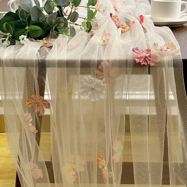 1pc Pleated Table Runner, Semi-Transparent Bali Crinkle Chiffon Table Runner, Bohemian Polyester Table Runner For Wedding Dining Table Decor, Bohemian Country Party Bridal Shower Decor