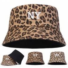 1 件女士纽约豹纹渔夫帽，带个性化字母刺绣，休闲棒球帽，适合春季、秋季、旅行、海滩的街头风格 - 彩色 - 查看 1