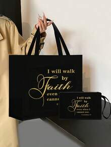 Ensemble de sacs fourre-tout inspirants, imprimés avec la phrase motivante en or "Je marcherai par la foi même quand je ne peux pas voir", comprenant 1 sac fourre-tout, 1 sac cosmétique, 1 sac de rangement pliable et 1 petit étui à maquillage en lin - Noir - Voir 4