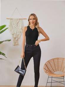 QUEENTI Women's Summer Round Neck Tank Top Stretch Camisole