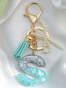 1 pièce Porte-clés avec lettre initiale, pendentif bicolore en résine, porte-clés minimaliste à la mode avec faux perle. Accessoire pour voiture, sac, sac à dos pour l'école, accessoires gothiques Y2K, idées de cadeaux pour la Fête des enseignants, Noël, accessoires pour sœur - Lac Bleu - Voir 14