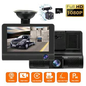1pc Black ABS 4.0 Inch Three-Lens High-Definition Night Vision Car Recorder, Wide-Angle Cycle Recording In Front Of The Car, Inside And Rear Of The Car, Mobile Monitoring Parking Monitoring High-Definition Car DVR