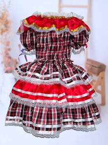 Country Dress For Children, Youth, June Festival, Traditional Square Dance, São João, Butterflies Kids - 紅色和黑色 - 查看 6
