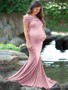 Maternity Reversible Off Shoulder Dress, Photography Gown For Maternity Photoshoot - Pink - View 1
