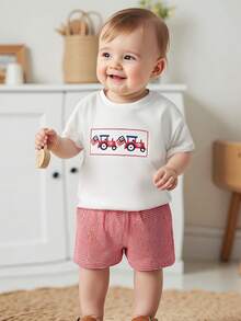 Toddler Baby Boy Summer 4th Of July Outfit American Flag Truck Short Sleeve T-Shirts Plaid Elastic Waist Shorts 2 Piece Summer Set - White - View 2