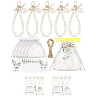 15pcs/Set Elegant Shell And Pearl Keychains With Thank You Labels And White Gauze Bags - Perfect For Bridal Showers, Birthdays, And Weddings