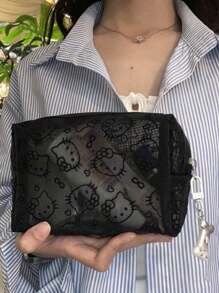 Sanrio 1pc Kitty Flocked & Mesh Portable Cosmetic Bag, Large Capacity Makeup Storage Pouch, Practical For Outdoor Use