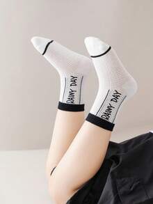 5 Pairs Kids' Thin Summer Socks, Minimalist Black/White Letter & Face Pattern, Soft & Comfortable Mid-Calf Socks - Black and White - View 9