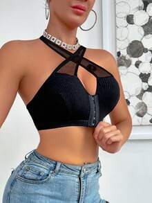 1pc Women's Solid Color Cross-Front Halter Bra, Comfortable Underwear - Black - View 4