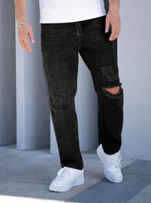 Men's Simple Solid Color Distressed Straight Leg Jeans