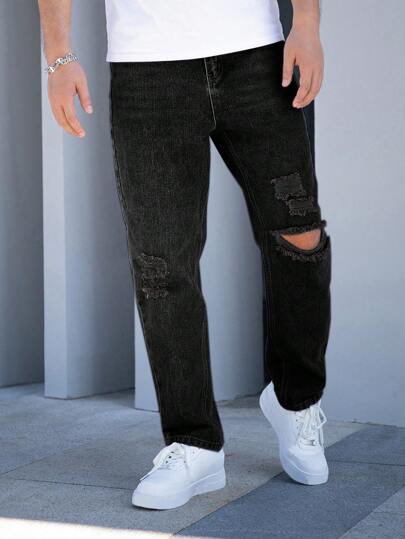 Jeans da uomo a gamba dritta semplici con effetto delavato in colore unito
