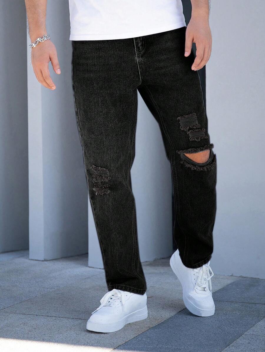 Men's Simple Solid Color Distressed Straight Leg Jeans
