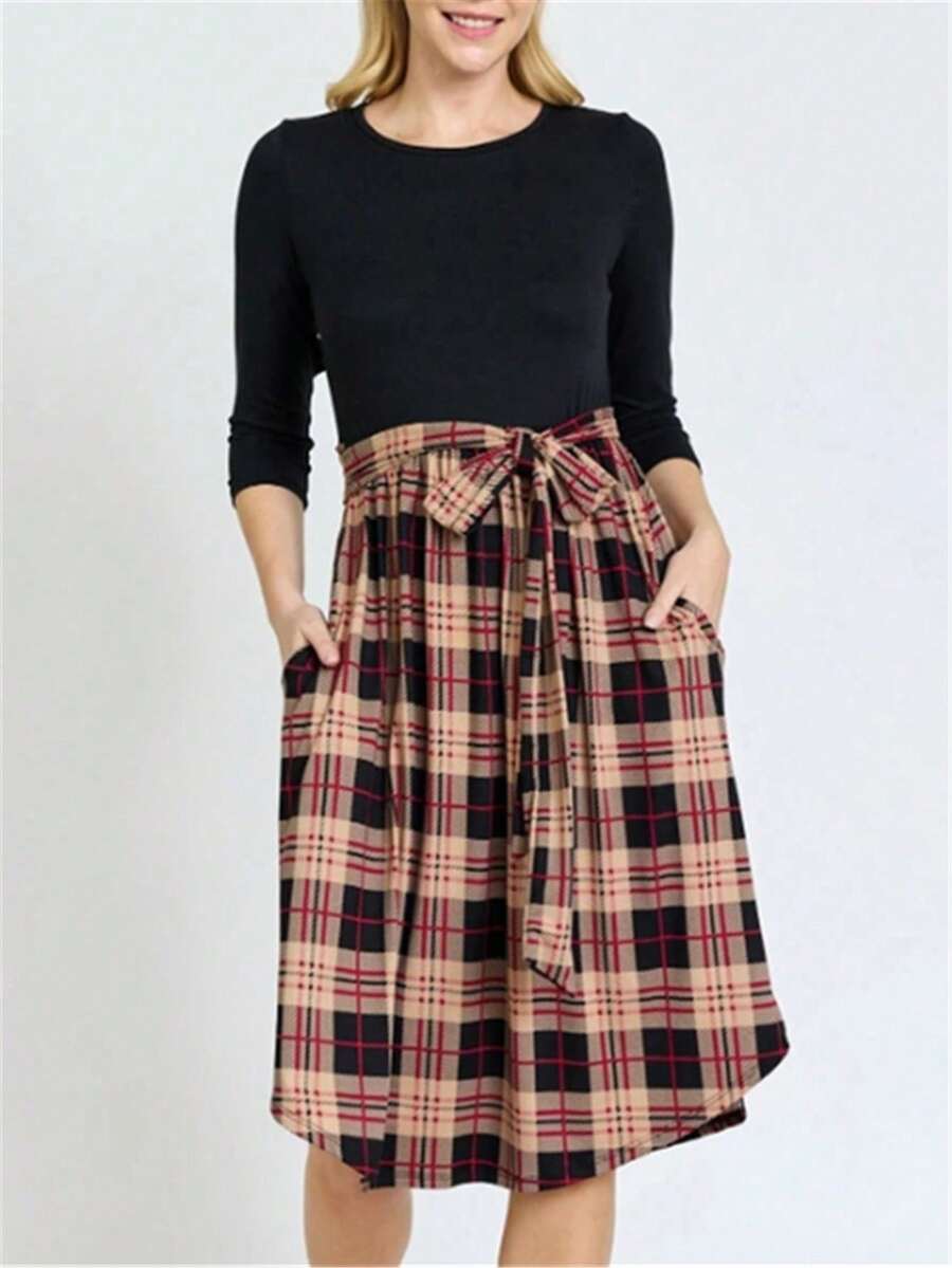 Damen kariertes Kleid mit Gürtel, Taschen und Patchwork, Lässig - Schwarz - Übersicht 1
