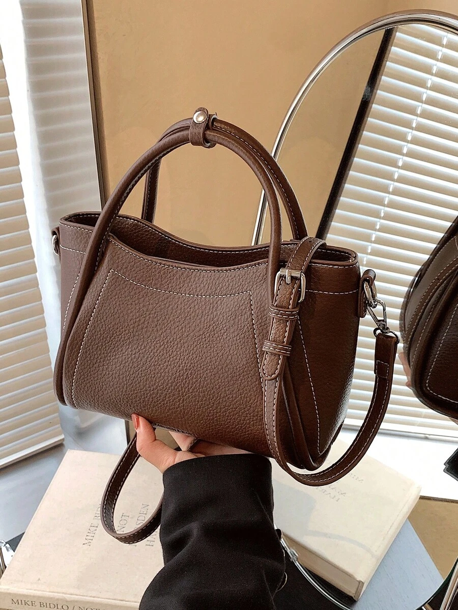 New Fashion Classic Clown Solid Color PU Waterproof Handbag, Zipper Closure Design, Dual Handles, Quilted Bucket Bag, Suitable For Shopping, Commuting, Outing And Dating - Coffee - View 1