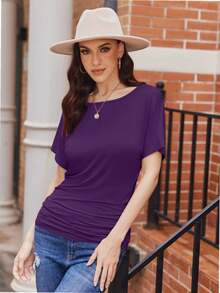 QUEENTI Women's Casual Short Sleeve Dolman Top Boat Neck T Shirt - Màu tím đậm - Xem 3
