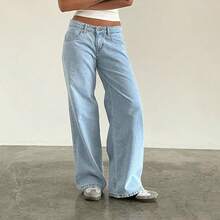 Women's Baggy Denim Pants High Waisted Y2K Wide Leg Oversized Plus Size Boyfriend Cargo Jeans Streetwear Trousers - 運河藍 - 查看 2