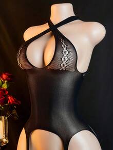 Sexy Body Suit With Short Sleeves, Women's Semi-Transparent Black Body Suit With Flower Pattern, Super Elastic Semi-Transparent Body Suit, Sexy Body Suit Underwear, Rave For Going Out