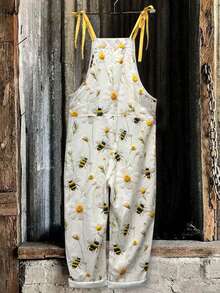 Mono holgado y casual para mujer con estampado de abeja, crisantemo y girasol, adecuado para verano y primavera, vacaciones, diseño de moda casual y cómodo con estampado floral y plantas, con bolsillos y cordón, tela de lino sintético, mono holgado con estampado retro - Multicolor - Ver 4