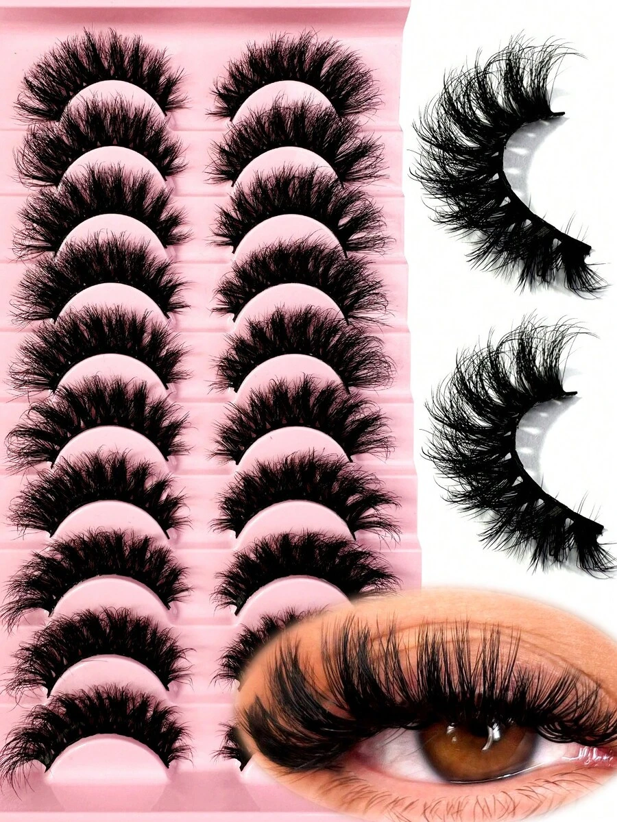 10pairs Natural Russian Strip Lashes 20mm Mink Lashes 3D Mink Eyelashes 100% Cruelty Free Lashes Handmade Reusable Fluffy Natural Eyelashes False Lashes Makeup - 黑色 - 查看 1