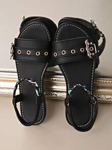 Women Solid Color Bat Decor Fashion Sandals With Buckle Waist Belt Studded, Lightweight Flat Slip-On Slippers, Non-Slip Summer Shoes - Black - View 3