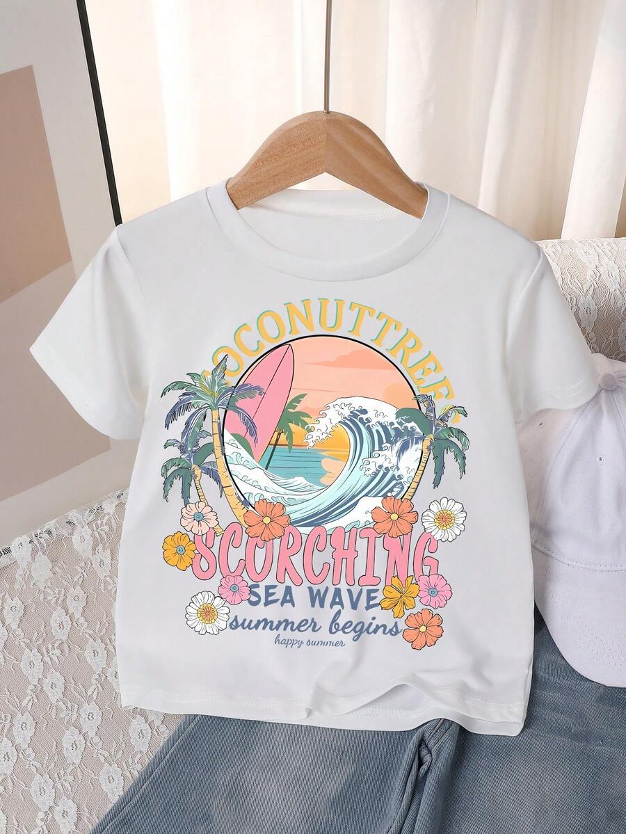 Young Girl' Outdoor Casual Holiday California Beach Scenic Round Neck Breathable Short Sleeve T-Shirt, Summer Wear - White - View 1