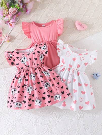 3pcs/Set Baby Girls Cute Cartoon Cat & Heart Pattern Cap Sleeve Dress Casual Summer Outfit